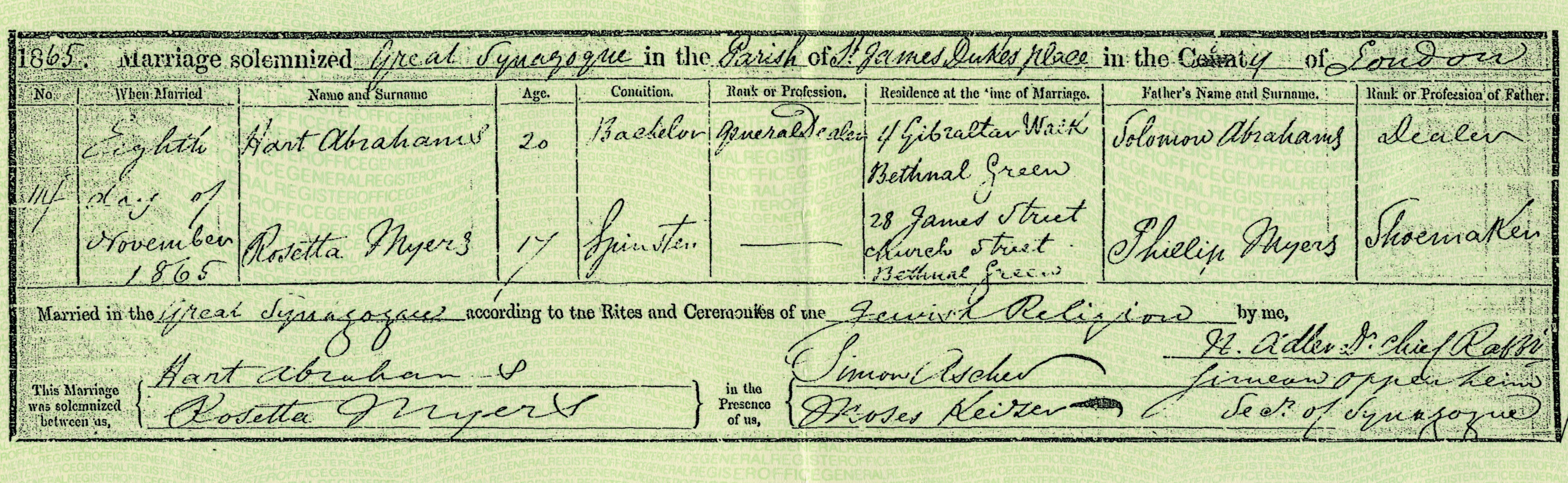 Marriage certificate of Hart Abrahams to Rose Myers, 1865