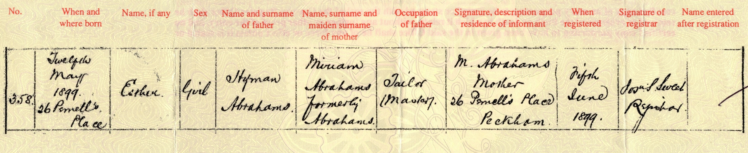 Birth certificate of Esther Abrahams, 1899