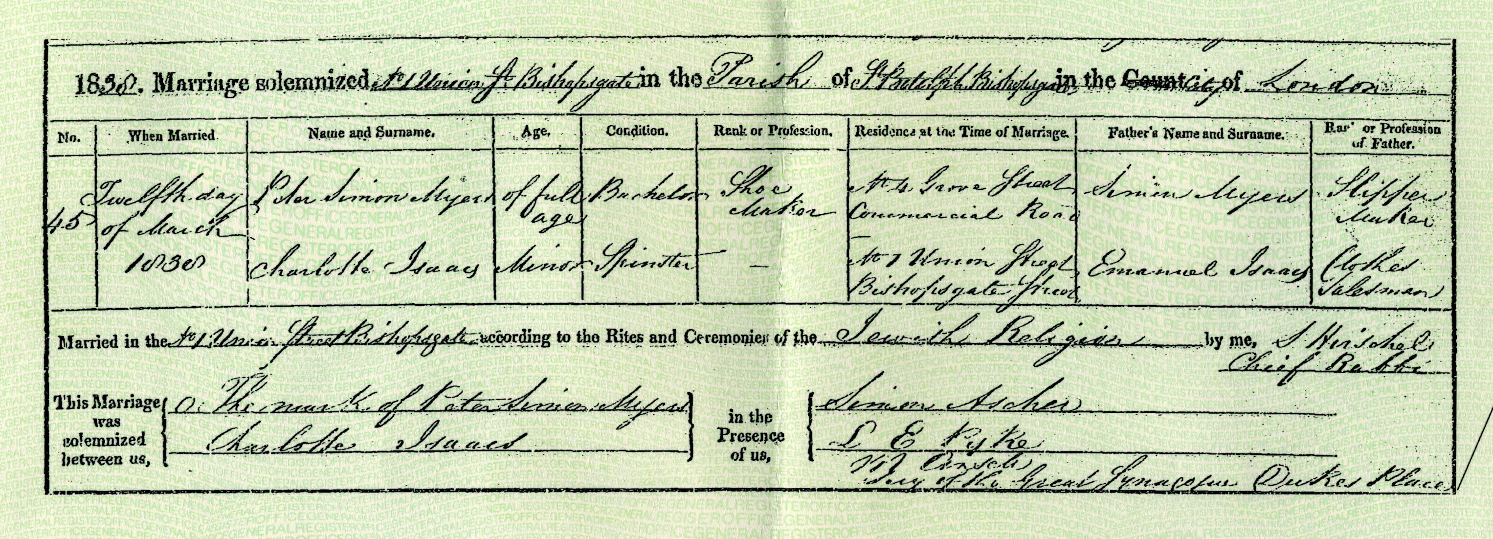 Marriage certificate of Peter Myers to Charlotte Isaacs, 1838