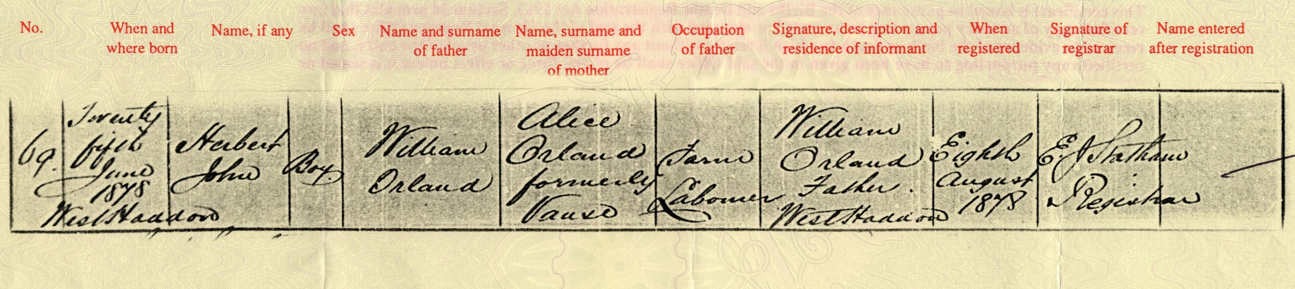 Birth certificate for Herbert John Orland, 1878