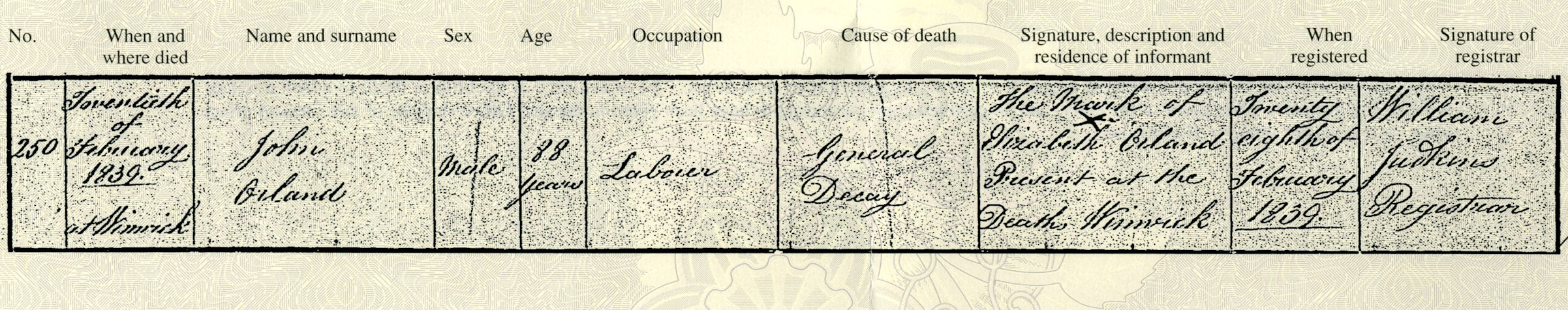Death certificate for John Orland, 1839
