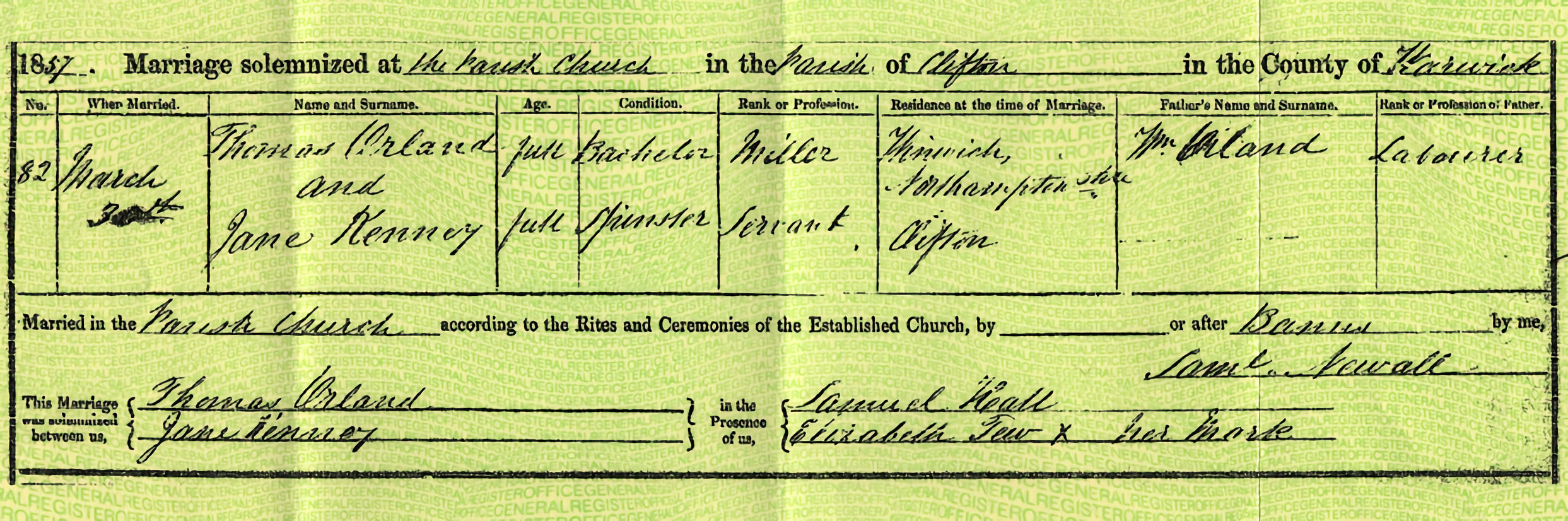 Marriage certificate for Thomas Orland and Jane Kenney, 1857