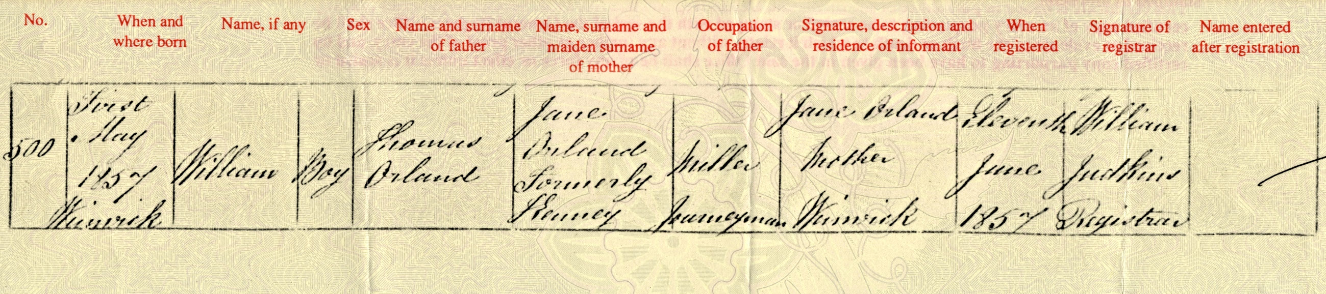 Birth certificate for William Orland, 1857