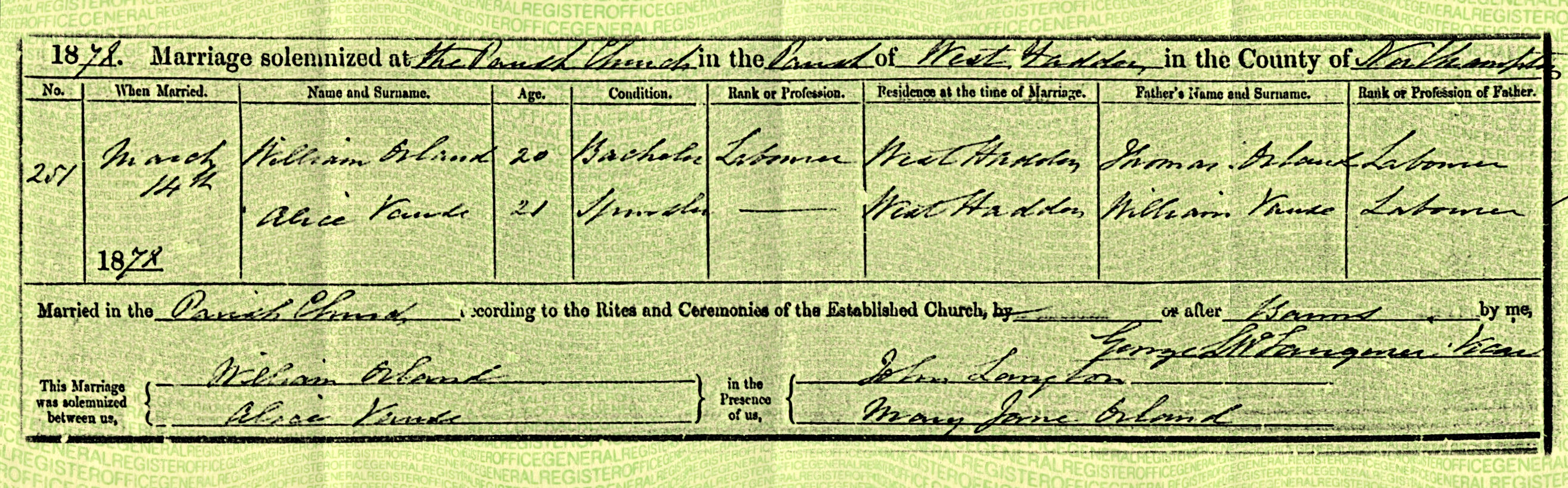 Marriage certificate for William Orland and Alice Vause, 1878